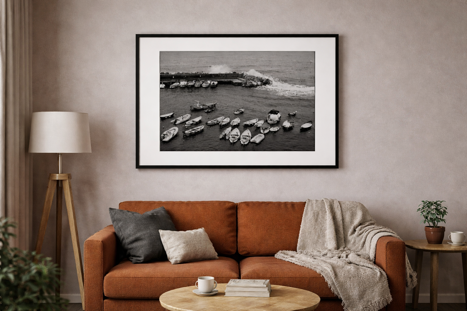 Framed fine art print hanging in a living room